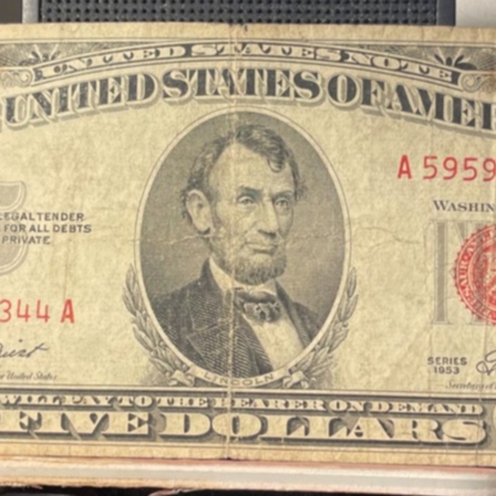 1953 $5 Five Dollar Bill A Red Seal US Note Circulated #205738163396